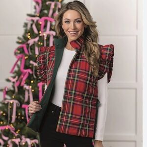 Mud Pie Red Plaid Puffer Reversible Jacket
